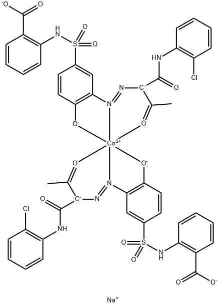 Cobaltate(3-), bis[2-[[[3-[[1-[[(2-chlorophenyl) amino]carbonyl]-2-oxopropyl]azo]-4-hydroxyphenyl ]sulfonyl]amino]benzoato(3-)]-, trisodium 化学構造式