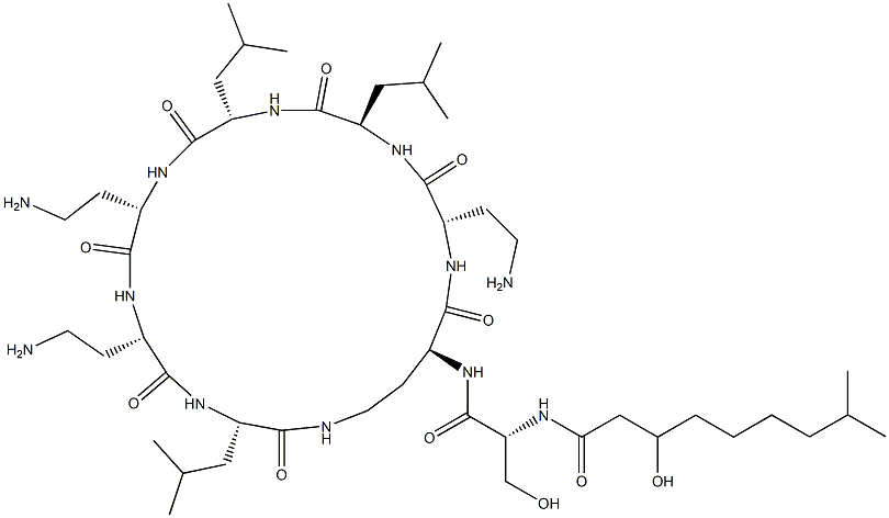 N2-[N-(3-Hydroxy-8-methyl-1-oxononyl)-D-Ser-]cyclo[L-DAB*-L-DAB-D-Leu-L-Leu-L-DAB-L-DAB-L-Leu-] Struktur