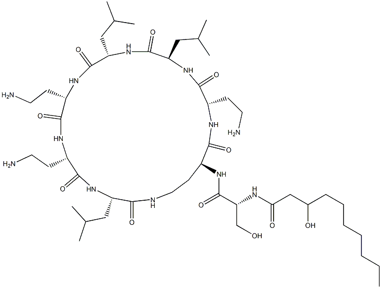 N2-[N-(3-Hydroxy-1-oxodecyl)-D-Ser-]cyclo[L-DAB*-L-DAB-D-Leu-L-Leu-L-DAB-L-DAB-L-Leu-] Structure