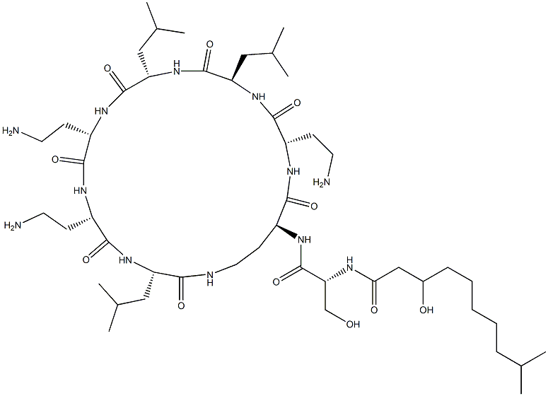 N2-[N-(3-Hydroxy-9-methyl-1-oxodecyl)-D-Ser-]cyclo[L-DAB*-L-DAB-D-Leu-L-Leu-L-DAB-L-DAB-L-Leu-] Structure