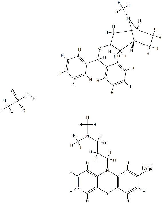 (1S,5R)-3-benzhydryloxy-8-methyl-8-azabicyclo[3.2.1]octane, 3-(2-chlor ophenothiazin-10-yl)-N,N-dimethyl-propan-1-amine, methanesulfonic acid 化学構造式