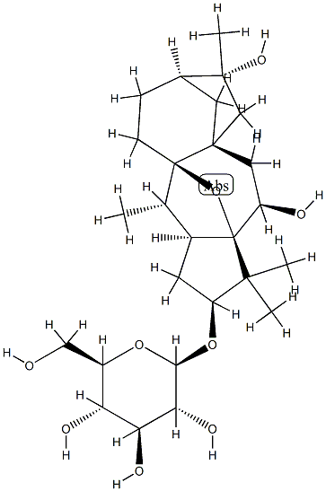 [(10S)-5,9-エポキシ-6β,16-ジヒドロキシグラヤノトキサン-3β-イル]β-D-グルコピラノシド 化学構造式