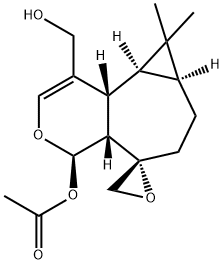 (4R,5S)-4-Acetoxy-4,4aα,6,7,7aβ,8,8aβ,8bα-octahydro-8,8-dimethylspiro[5H-cyclopropa[3,4]cyclohepta[1,2-c]pyran-5,2'-oxirane]-1-methanol Struktur