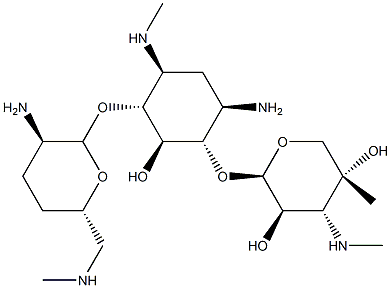 4-O-(2-Amino-6-methylamino-2,3,4,6-tetradeoxy-α-D-erythro-hexopyranosyl)-6-O-[4-C-methyl-3-(methylamino)-3-deoxy-β-L-arabino-pentopyranosyl]-N'-methyl-2-deoxy-D-streptamine Structure