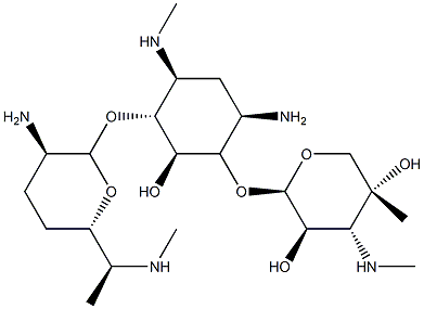 4-O-[2-Amino-6-methyl-6-(methylamino)-2,3,4,6-tetradeoxy-α-D-erythro-hexopyranosyl]-6-O-[4-C-methyl-3-(methylamino)-3-deoxy-β-L-arabino-pentopyranosyl]-N'-methyl-2-deoxy-D-streptamine 结构式