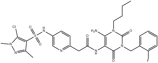 748149-17-9 2-Pyridineacetamide,  N-[6-amino-1-butyl-3-[(2-fluorophenyl)methyl]-1,2,3,4-tetrahydro-2,4-dioxo-5-pyrimidinyl]-5-[[(5-chloro-1,3-dimethyl-1H-pyrazol-4-