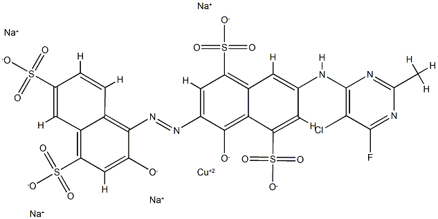 Cuprate(4-), [7-[(5-chloro-2-fluoro-6- methyl-4-pyrimidinyl)amino]-4-hydroxy-3-[(2-hydroxy -4,6-disulfo-1-naphthalenyl)azo]-1,5-naphthalenedisulfonat o(6-)]-, tetrasodium Struktur