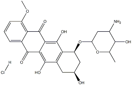 5,12-Naphthacenedione, 10-[ (3-amino-2,3, 6-trideoxy-.alpha.-L-lyxo-he xopyranosyl)oxy]-7,8,9, 10-tetrahydro-6,8,11-trihydroxy-1-methoxy-, hy drochloride, (8S-cis)- Structure