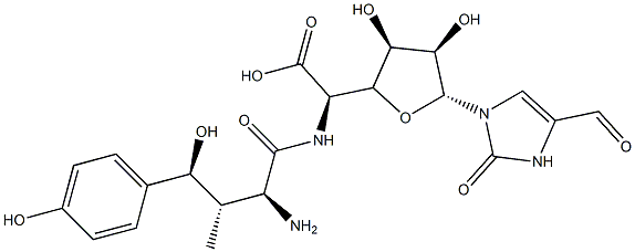 5-[[(2S,3S,4S)-2-アミノ-4-ヒドロキシ-4-(4-ヒドロキシフェニル)-3-メチル-1-オキソブチル]アミノ]-1-(4-ホルミル-2,3-ジヒドロ-2-オキソ-1H-イミダゾール-1-イル)-1,5-ジデオキシ-β-D-アロフラヌロン酸 化学構造式