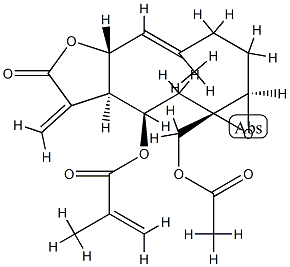 2-メチルプロペン酸[(1aR,4E,5aR,8aR,9R,10aS)-10a-アセトキシメチル-1a,2,3,5a,7,8,8a,9,10,10a-デカヒドロ-4-メチル-8-メチレン-7-オキソオキシレノ[5,6]シクロデカ[1,2-b]フラン-9-イル] 化学構造式
