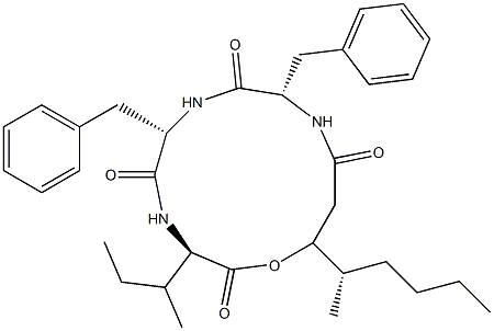 N-[N-[N-(3-Hydroxy-4-methyl-1-oxooctyl)-L-phenylalanyl]-L-phenylalanyl]-D-alloisoleucine λ-lactone Struktur