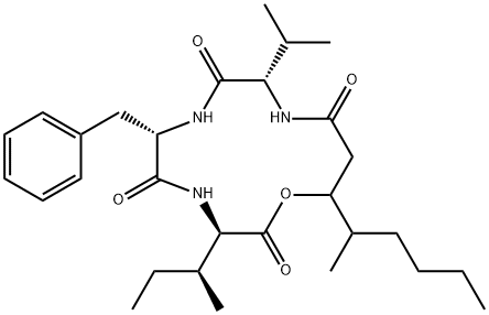 N-[N-[N-(3-Hydroxy-4-methyl-1-oxooctyl)-L-valyl]-L-phenylalanyl]-D-alloisoleucine λ-lactone Structure