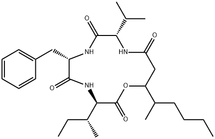 N-[N-[N-(3-Hydroxy-4-methyl-1-oxooctyl)-L-valyl]-L-phenylalanyl]-D-isoleucine λ-lactone Structure