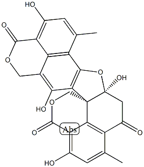 5,5a-Dihydro-1,5a,9,13-tetrahydroxy-3,7-dimethyl-4H,10H,12H,16H-dibenzo[de,d'e']furo[2,3-g:5,4-i']bis[2]benzopyran-4,10,16-trione,76706-63-3,结构式