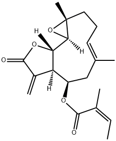 (1aR,4E,7R,7aR,10aS,10bR)-1a,2,3,6,7,7a,8,9,10a,10b-デカヒドロ-7-[[(Z)-2-メチル-2-ブテノイル]オキシ]-1a,5-ジメチル-8-メチレンオキシレノ[9,10]シクロデカ[1,2-b]フラン-9-オン 化学構造式