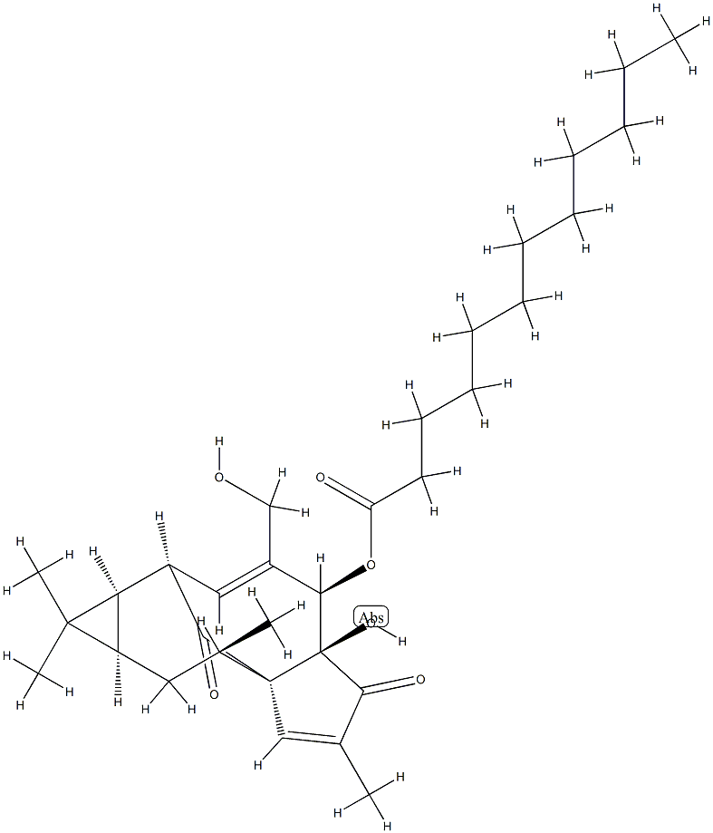 Lauric acid (1aR)-1aα,2,5,5a,6,9,10,10aα-octahydro-5aβ-hydroxy-4-hydroxymethyl-1,1,7,9α-tetramethyl-6,11-dioxo-1H-2α,8aα-methanocyclopenta[a]cyclopropa[e]cyclodecen-5β-yl ester Struktur