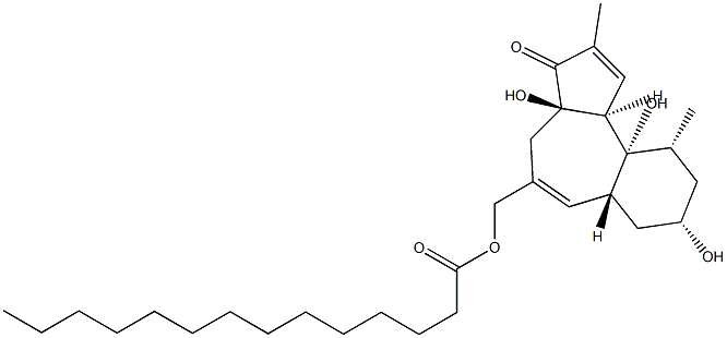 Myristic acid [(3aR)-3,3a,4,6aα,7,8,9,10,10a,10bβ-decahydro-3aα,8β,10aβ-trihydroxy-2,10β-dimethyl-3-oxobenz[e]azulen-5-yl]methyl ester Structure