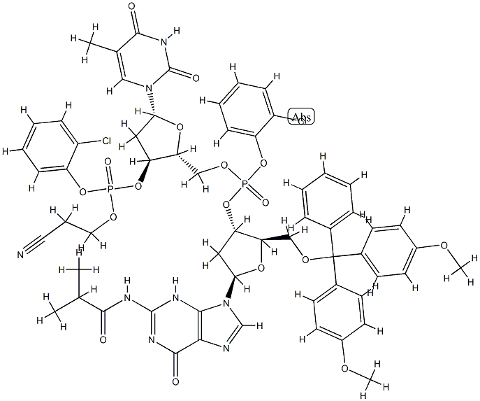 5'-O-[[5'-O-[ビス(4-メトキシフェニル)フェニルメチル]-N-(2-メチル-1-オキソプロピル)-2'-デオキシ-3'-グアノシルオキシ](2-クロロフェニルオキシ)ホスフィニル]-3'-チミジル酸2-クロロフェニル2-シアノエチル 化学構造式