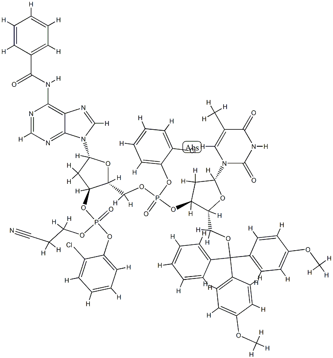 5'-O-[二(4-甲氧基苯基)苯基甲基]-P-(2-氯苯基)胸苷酰-(3'-5')-N-苯甲酰基-2'-脱氧-3'-腺苷酸 2-氯苯基 2-氰基乙基酯,78111-49-6,结构式