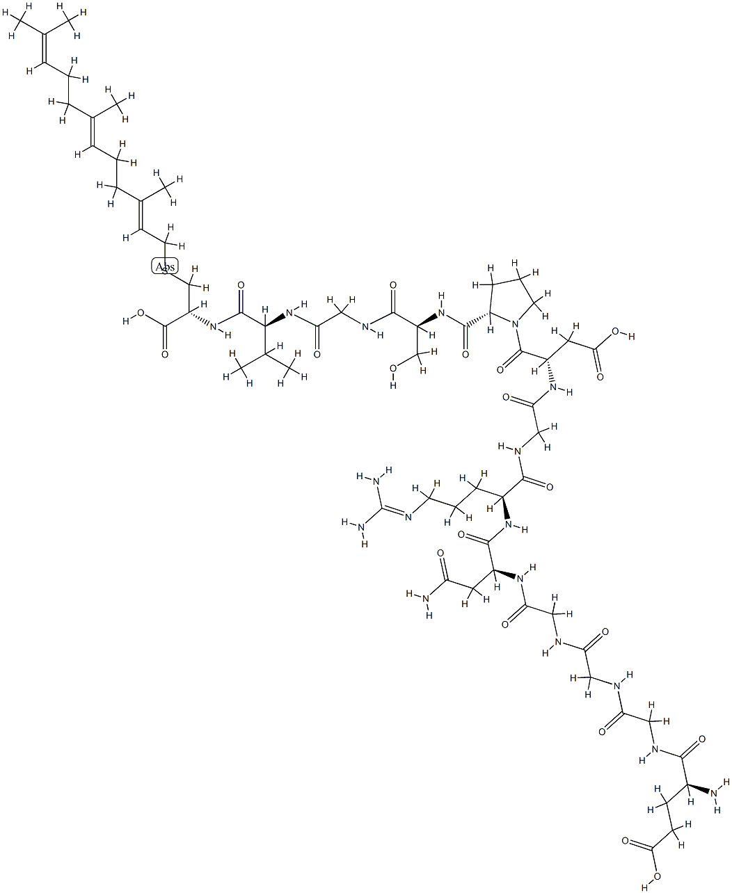 L-Glu-Gly-Gly-Gly-L-Asn-L-Arg-Gly-L-Asp-L-Pro-L-Ser-Gly-L-Val-S-[(2E,6E)-3,7,11-Trimethyl-2,6,10-dodecatrien-1-yl]-L-Cys-OH,78150-10-4,结构式