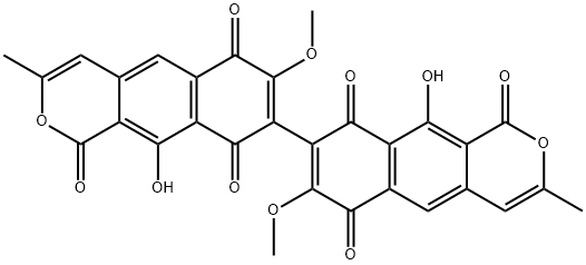 10,10'-Dihydroxy-7,7'-dimethoxy-3,3'-dimethyl-8,8'-bi[1H-naphtho[2,3-c]pyran]-1,1',6,6',9,9'-hexone 结构式
