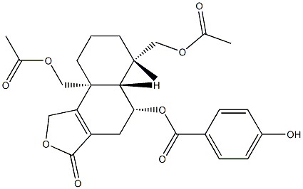 4-ヒドロキシ安息香酸(5R)-6β,9aβ-ビス(アセチルオキシメチル)-1,3,4,5,5aα,6,7,8,9,9a-デカヒドロ-6-メチル-3-オキソナフト[1,2-c]フラン-5β-イル 化学構造式