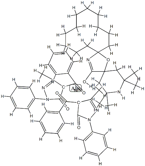 bis(4-benzoyl-2,4-dihydro-5-methyl-2-phenyl-3H-pyrazol-3-onato-O,O')(2,2,4,4-tetramethyl-7-oxa-3,20-diazadispiro[5.1.11.2]henicosan-21-one-O21)nickel 结构式