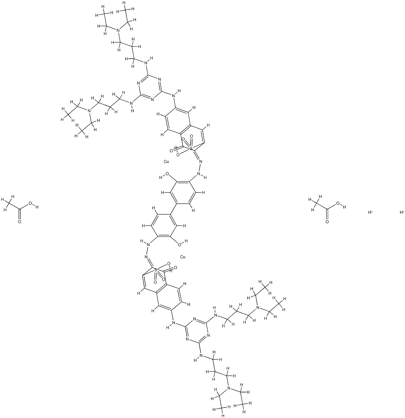 Cuprate(2-), [mu-[[3,3'-[(3,3'-dihydroxy[1,1'-biphenyl]-4,4'-diyl)bis(azo)]bis[7-[[4,6-bis[[3-(diethylamino)propyl]amino]-1,3,5-triazin-2-yl]amino]-4-hydroxy-2-naphthalenesulfonato]](6-)]]di-, dihydrogen, diacetate (salt) Structure