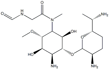 6-アミノ-1-O-[(2R)-3α-アミノ-6β-(1-アミノエチル)テトラヒドロ-2H-ピラン-2α-イル]-3-[[(ホルミルアミノ)アセチル]メチルアミノ]-4-O-メチル-3,6-ジデオキシ-L-chiro-イノシトール 化学構造式