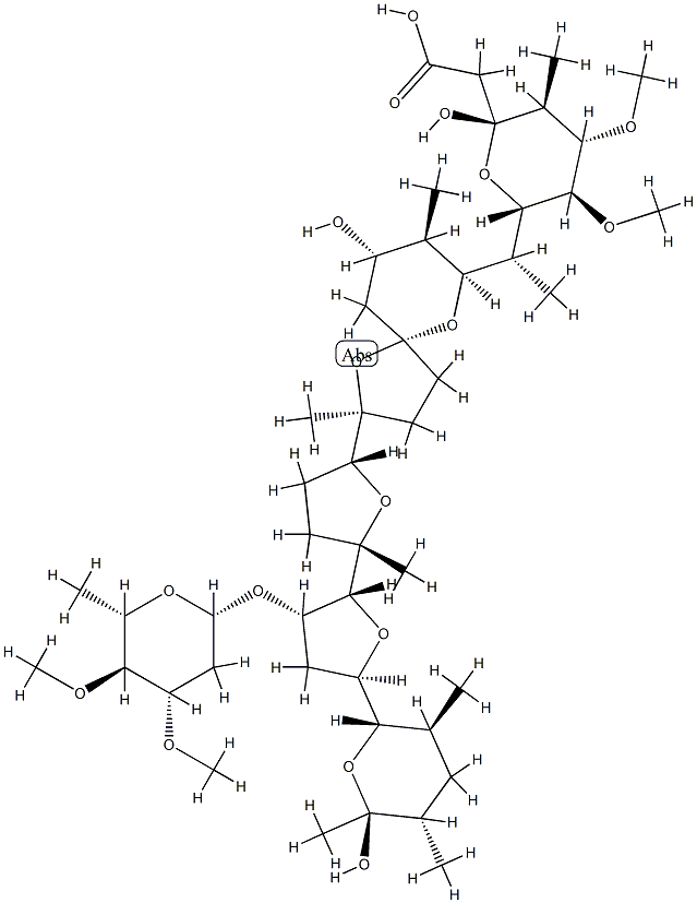 (3R,4S,5S,6R,7S,22S,28S)-23,27-ジデメトキシ-2,6,11-O,22-テトラデメチル-22-[(3-O,4-O-ジメチル-2,6-ジデオキシ-β-L-arabino-ヘキソピラノシル)オキシ]-6-メトキシロノマイシンA 化学構造式