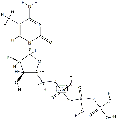 2(1H)-Pyrimidinone, 4-amino-1-(2-deoxy-2-fluoro-5-O-(hydroxy((hydroxy( phosphonooxy)phosphinyl)oxy)phosphinyl)-beta-D-arabinofuranosyl)-5-met hyl- 结构式