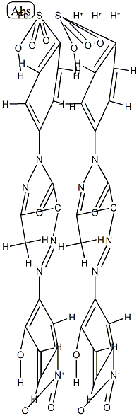 trihydrogen bis[4-[4,5-dihydro-4-[(2-hydroxy-5-nitrophenyl)azo]-3-methyl-5-oxo-1H-pyrazol-1-yl]benzene-1-sulphonato(3-)]ferrate(3-) Structure