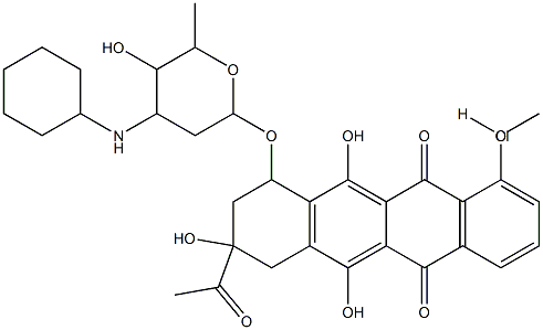 5,12-Naphthacenedione, 8-acetyl-10-[[3-(cyclohexylamino)-2,3, 6-trideo xy-.alpha.-L-lyxo-hexopyranosyl]oxy]-7,8,9, 10-tetrahydro-6,8,11-trihy droxy-1-methoxy-, hydrochloride, (8S-cis)- Structure