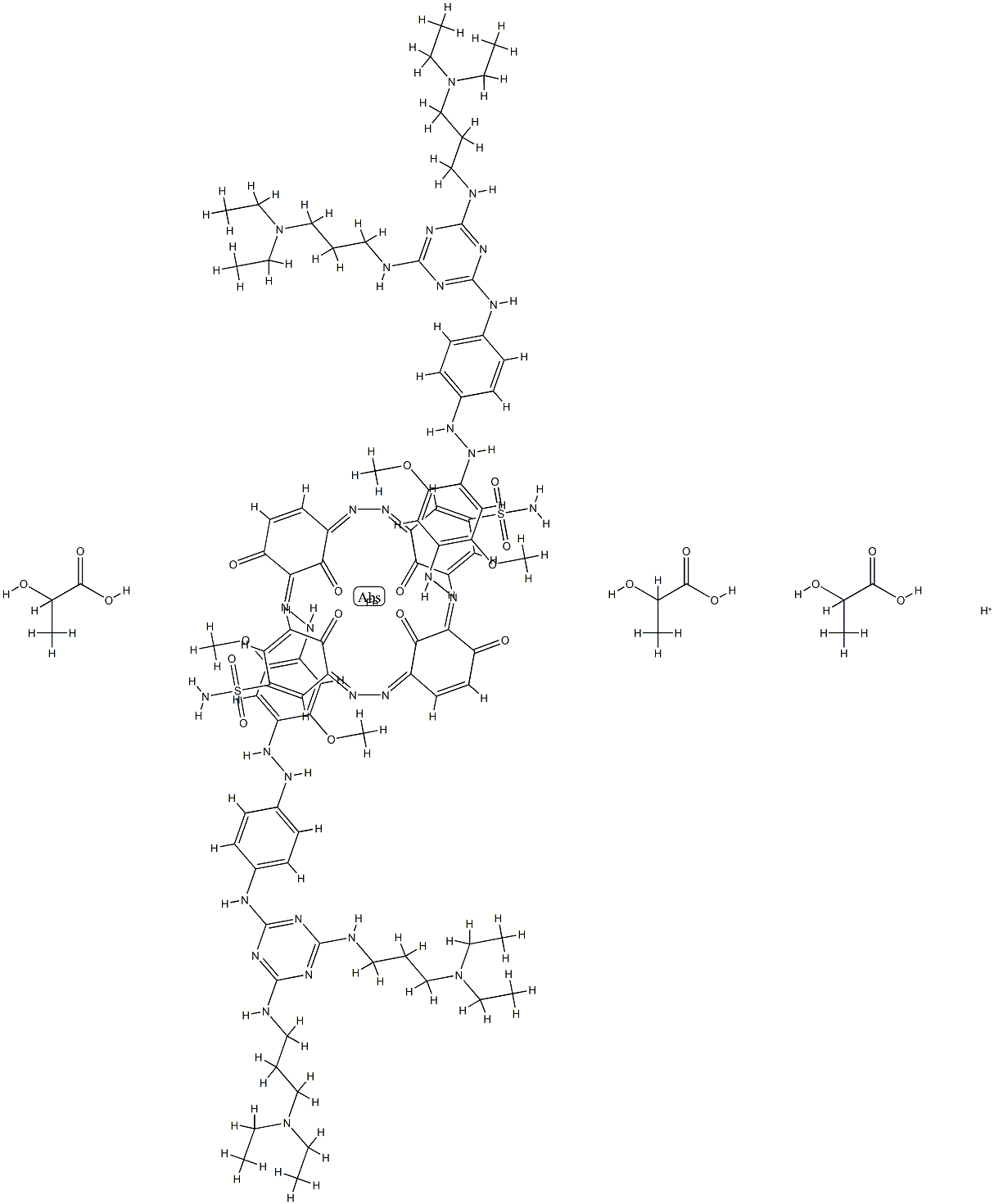 Ferrate(1-), bis[3-[[3-[[4-[[4-[[4,6-bis[[3-(diethylamino)propyl]amino]-1,3,5-triazin-2-yl]amino]phenyl]azo]-2,5-dimethoxyphenyl]azo]-2,4-dihydroxyphenyl]azo]-4-hydroxybenzenesulfonamidato(2-)]-, hydrogen, tris(2-hydroxypropanoate) (salt) Structure