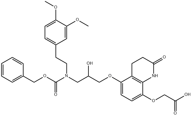 Acetic acid, 5-3-2-(3,4-dimethoxyphenyl)ethyl(phenylmethoxy)carbonylamino-2-hydroxypropoxy-1,2,3,4-tetrahydro-2-oxo-8-quinolinyloxy-,80090-30-8,结构式