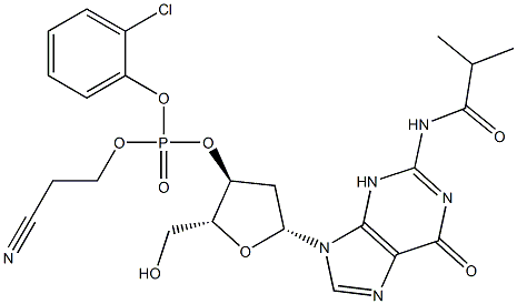 3'-Guanylic acid, 2'-deoxy-N-(2-methyl-1-oxopropyl)-, 2-chlorophenyl 2-cyanoethyl ester Struktur