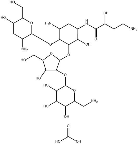 5-(O-(2-O-(6-amino-6-deoxy-beta-idopyranosyl)-beta-ribofuranosyl)-1-N-4-amino-2-hydroxybutanoyl)-3'-deoxyparomamine Struktur