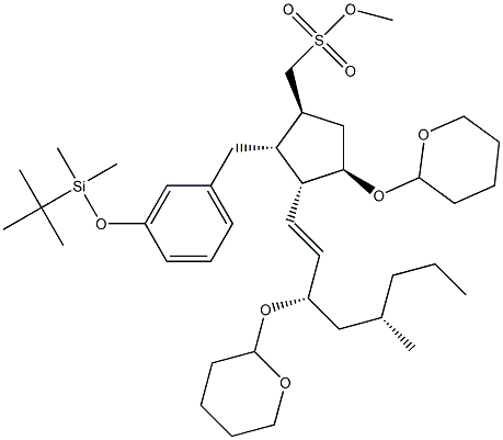 环戊烷甲醇,2-[[3-[[1,1-二甲基乙基)二甲基硅烷基]氧基]苯基]甲基]-4-[(四氢-2H-吡喃-2-基)氧基]-1-辛烯基]-,甲磺酸酯,[1S-[1Α,2Α,3Β(1E,3R*),4Α]],81846-27-7,结构式