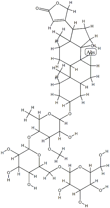 Card-20(22)-enolide, 7,8-epoxy-3-((O-beta-D-glucopyranosyl-(1->6)-O-beta-D-glucopyranosyl-(1->4)-6-deoxy-3-O-methyl-alpha-L-glucopyranosyl)oxy)-14-hydroxy-, (3beta,5beta,7beta)- Struktur