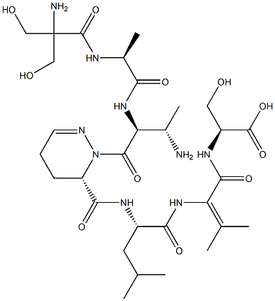 2-[[[(6S)-1-[(3S)-N-(2-Hydroxymethyl Ser-L-Ala-)-3-amino-L-Abu-]-1,4,5,6-tetrahydropyridazin-6-yl]carbonyl-L-Leu-]amino]-3-methyl-2-butenoyl-L-Ser-OH Struktur