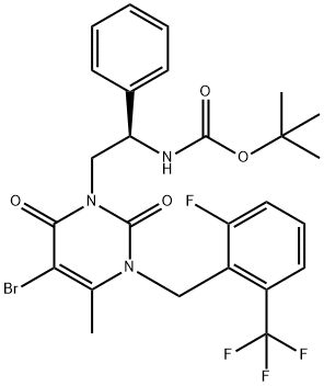 N-[(1R)-2-[5-溴-3-[[2-氟-6-(三氟甲基)苯基]甲基]-3,6-二氢-4-甲基-2,6-二氧代-1(2H)-嘧啶基]-1-苯基乙基]氨基甲酸叔丁酯,830346-49-1,结构式