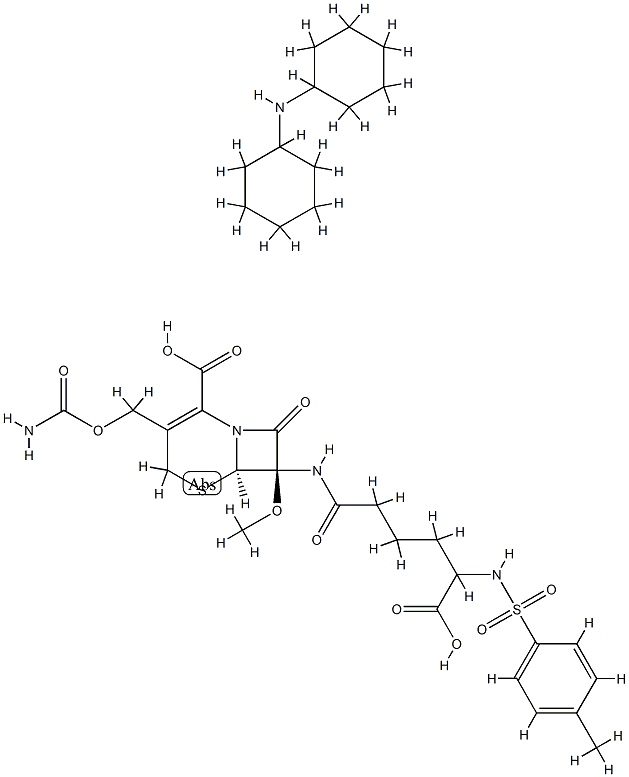 5-Thia-1-azabicyclo[4.2.0]oct-2-ene-2-carboxylic acid, 3-[[(aminocarbonyl)oxy]methyl]-7-[[5-carboxy-5-[[(4-methylphenyl)sulfonyl]amino]-1-oxopentyl]amino]-7-methoxy-8-oxo-, [6R-[6alpha,7alpha,7(R*)]]-, compd. with N-cyclohexylcyclohexanamin 结构式