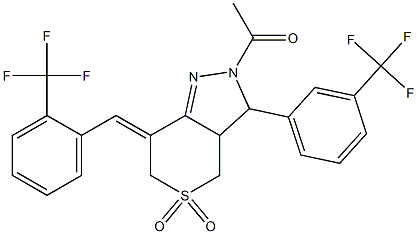 1-[(5Z)-3,3-dioxo-9-[3-(trifluoromethyl)phenyl]-5-[[2-(trifluoromethyl )phenyl]methylidene]-3$l^{6}-thia-7,8-diazabicyclo[4.3.0]non-6-en-8-yl ]ethanone 化学構造式