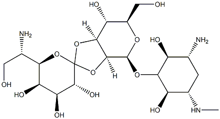(+)-5-O-[2-O,3-O-[6-Amino-1,6-dideoxy-L-glycero-D-galacto-heptopyranose-1-ylidene]-β-D-manno-hexopyranosyl]-N'-methyl-2-deoxy-D-streptamine Structure