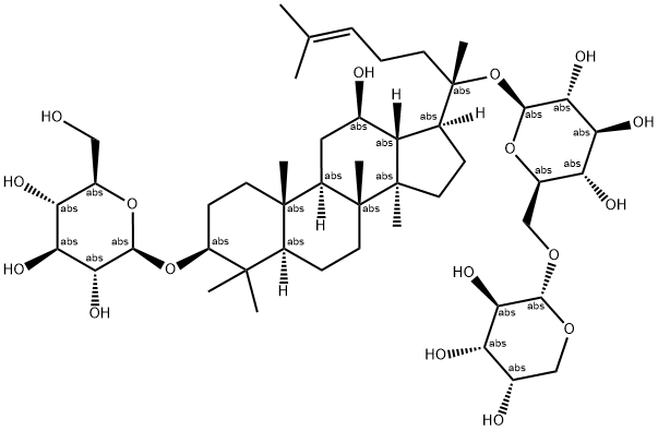 [(20S)-12β-ヒドロキシ-20-(6-O-α-L-アラビノピラノシル-β-D-グルコピラノシルオキシ)ダンマラ-24-エン-3β-イル]β-D-グルコピラノシド 化学構造式