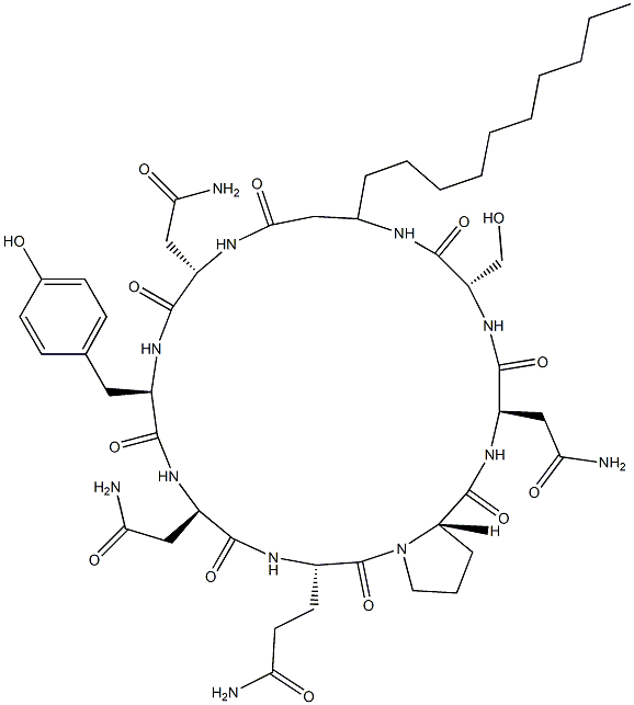 シクロ[D-Tyr-D-Asp(NH2)-L-Glu(NH2)-L-Pro-D-Asp(NH2)-L-Ser-3-デシル-βAla-L-Asp(NH2)-] 化学構造式