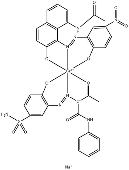 sodium [N-[7-hydroxy-8-[(2-hydroxy-5-nitrophenyl)azo]-1-naphthyl]acetamido(2-)][2-[[2-hydroxy-5-sulphamoylphenyl]azo]-3-oxo-N-phenylbutyramidato(2-)]chromate(1-) 化学構造式