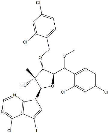 7-[3,5-Bis-O-[(2,4-dichlorophenyl)methyl]-2-C-methyl-beta-D-ribofuranosyl]-4-chloro-5-iodo-7H-pyrrolo[2,3-d]pyrimidine 化学構造式