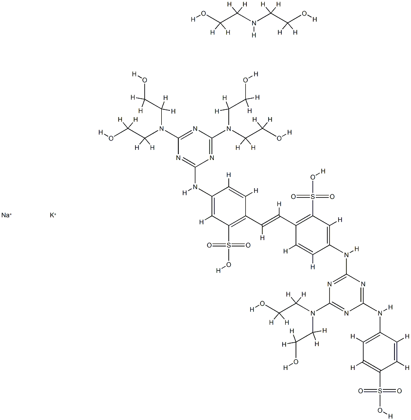 Benzenesulfonic acid, 2-[2-[4-[[4,6-bis[bis(2-hydroxyethyl)amino]-1,3,5-triazin-2-yl]amino]-2-sulfophenyl]ethenyl]-5-[[4-[bis(2-hydroxyethyl)amino]-6-[(4-sulfophenyl)amino]-1,3,5-triazin-2-yl]amino]-, potassium sodium salt, compd. with 2,2' 化学構造式