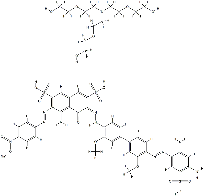 4-アミノ-6-[[4′-[(2,4-ジアミノ-5-スルホフェニル)アゾ]-3,3′-ジメトキシ-1,1′-ビフェニル-4-イル]アゾ]-5-ヒドロキシ-3-[(4-ニトロフェニル)アゾ]-2,7-ナフタレンジスルホン酸/ナトリウム/2,2′,2′′-[ニトリロトリス(2,1-エタンジイルオキシ)]トリエタノール 化学構造式